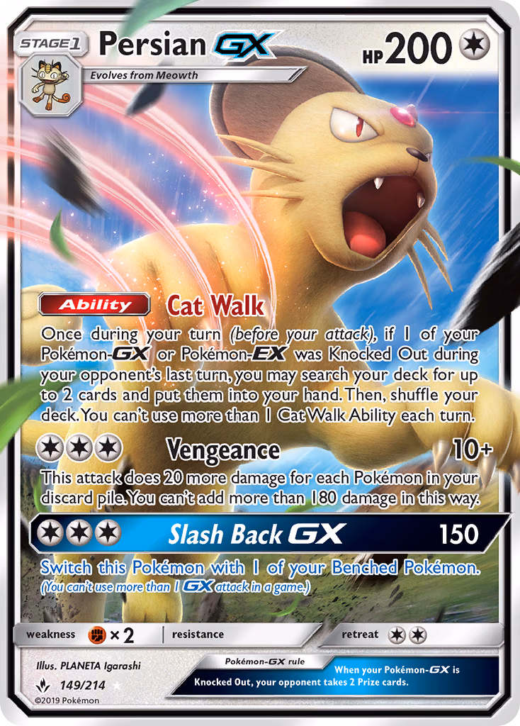 Persian-GX Pokemon card (149/214, Unbroken Bonds)