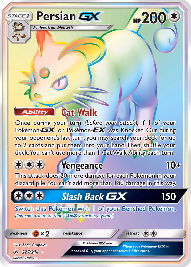 Persian-GX Pokemon card (227/214, Unbroken Bonds)