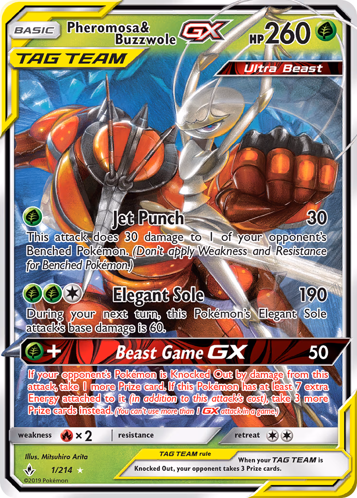 Pheromosa & Buzzwole-GX Pokemon card (1/214, Unbroken Bonds)