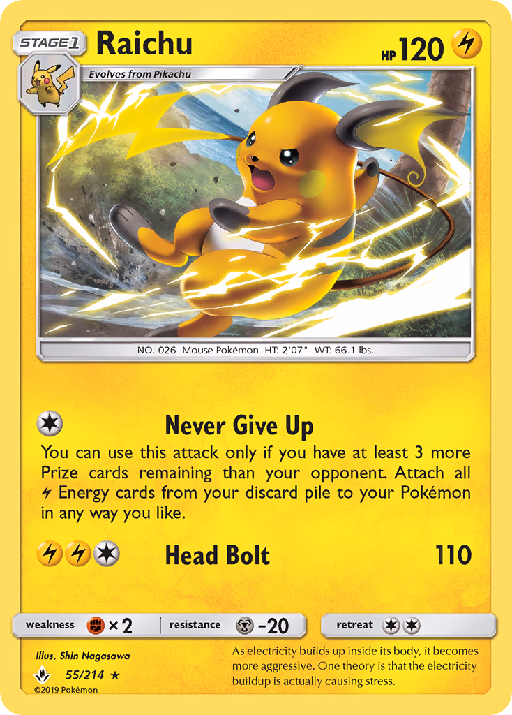 Raichu Pokemon card (55/214, Unbroken Bonds)