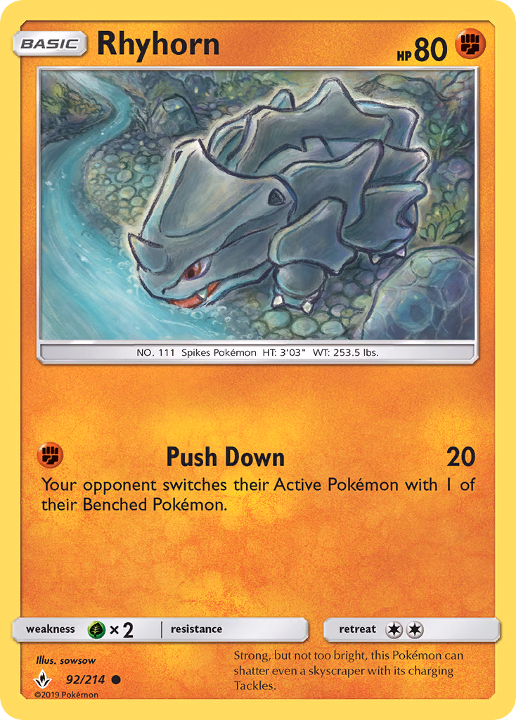 Rhyhorn Pokemon card (92/214, Unbroken Bonds)