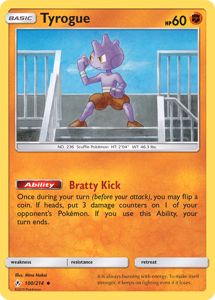 Tyrogue Pokemon card (100/214, Unbroken Bonds)