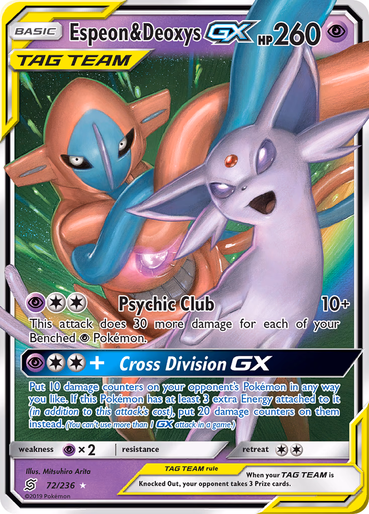 Espeon & Deoxys-GX Pokemon card (72/236, Unified Minds)