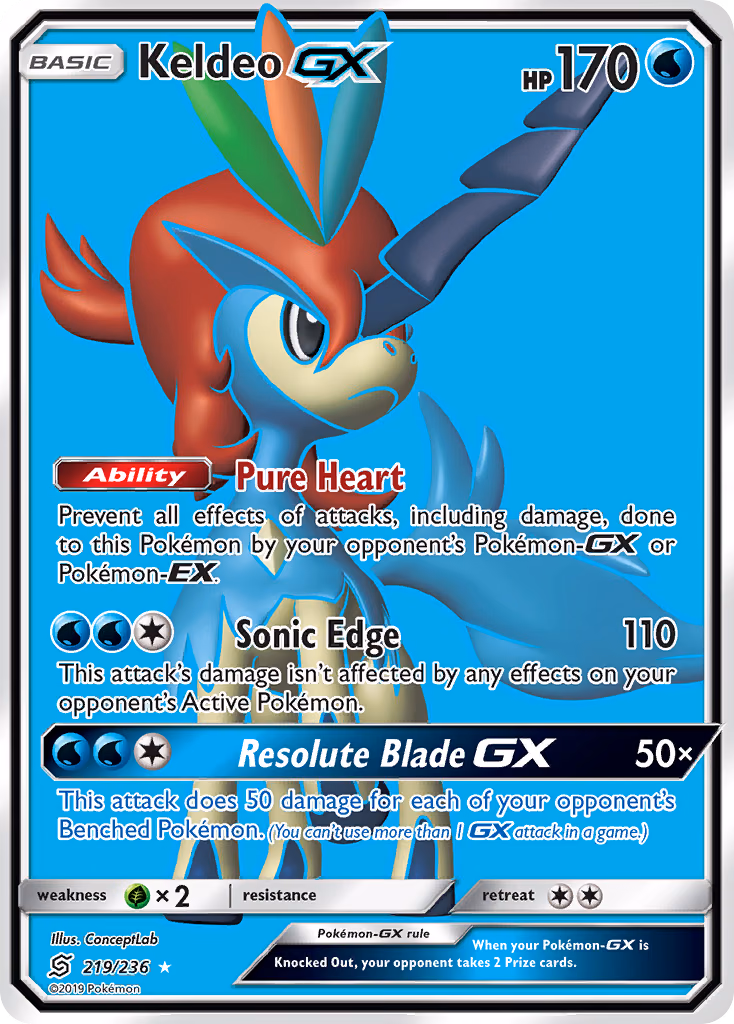 Keldeo-GX Pokemon card (219/236, Unified Minds)