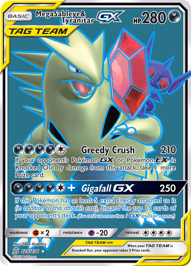 Mega Sableye & Tyranitar-GX Pokemon card (225/236, Unified Minds)