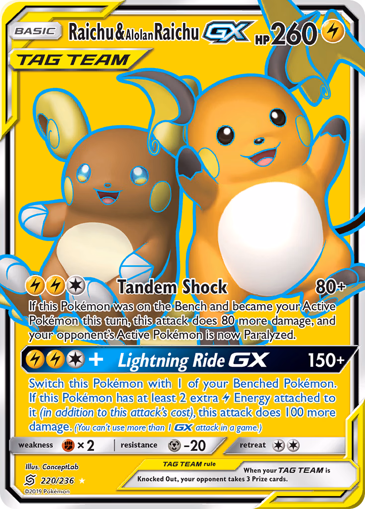 Raichu & Alolan Raichu-GX Pokemon card (220/236, Unified Minds)