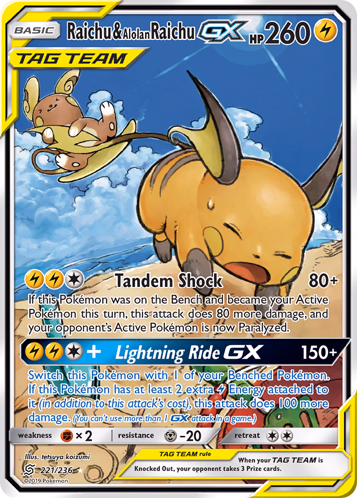 Raichu & Alolan Raichu-GX Pokemon card (221/236, Unified Minds)