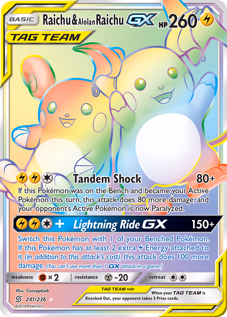 Raichu & Alolan Raichu-GX Pokemon card (241/236, Unified Minds)