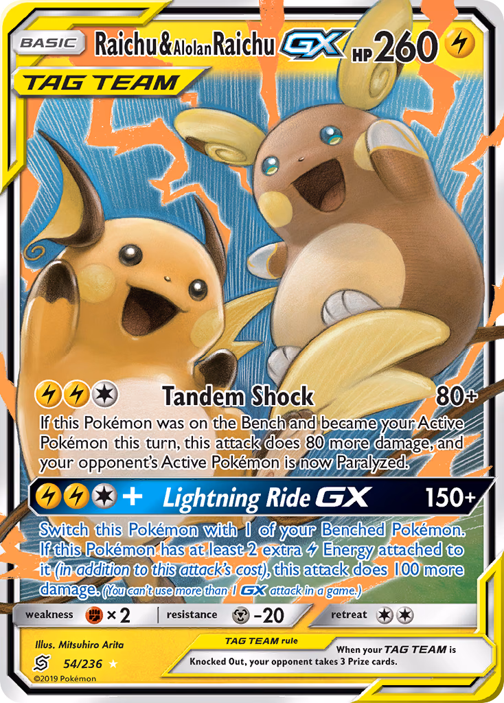Raichu & Alolan Raichu-GX Pokemon card (54/236, Unified Minds)