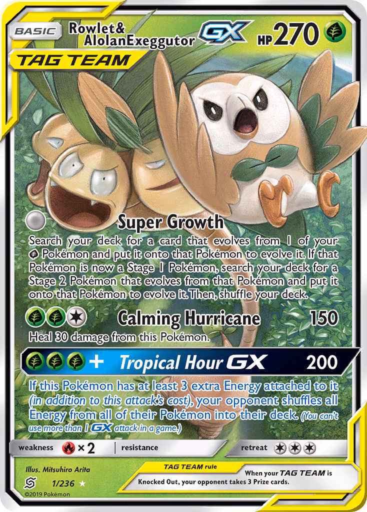 Rowlet & Alolan Exeggutor-GX Pokemon card (1/236, Unified Minds)