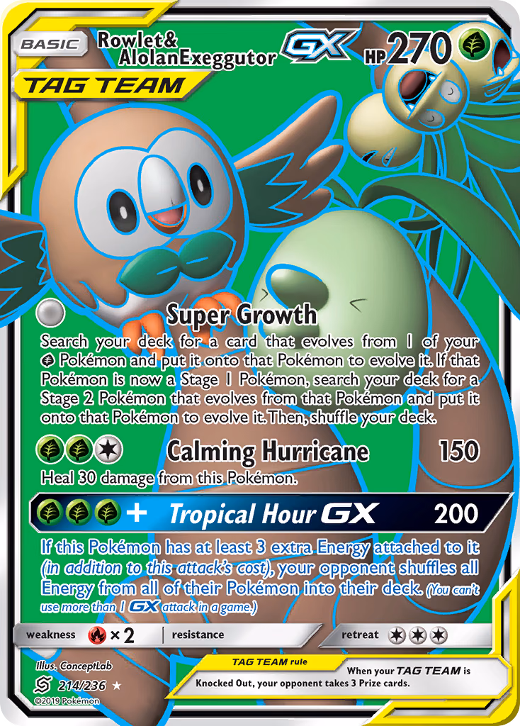 Rowlet & Alolan Exeggutor-GX Pokemon card (214/236, Unified Minds)