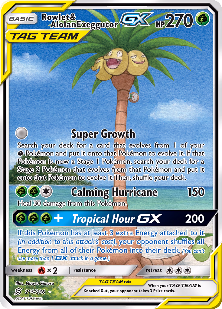 Rowlet & Alolan Exeggutor-GX Pokemon card (215/236, Unified Minds)