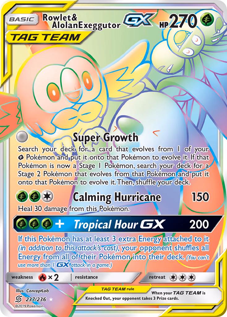 Rowlet & Alolan Exeggutor-GX Pokemon card (237/236, Unified Minds)