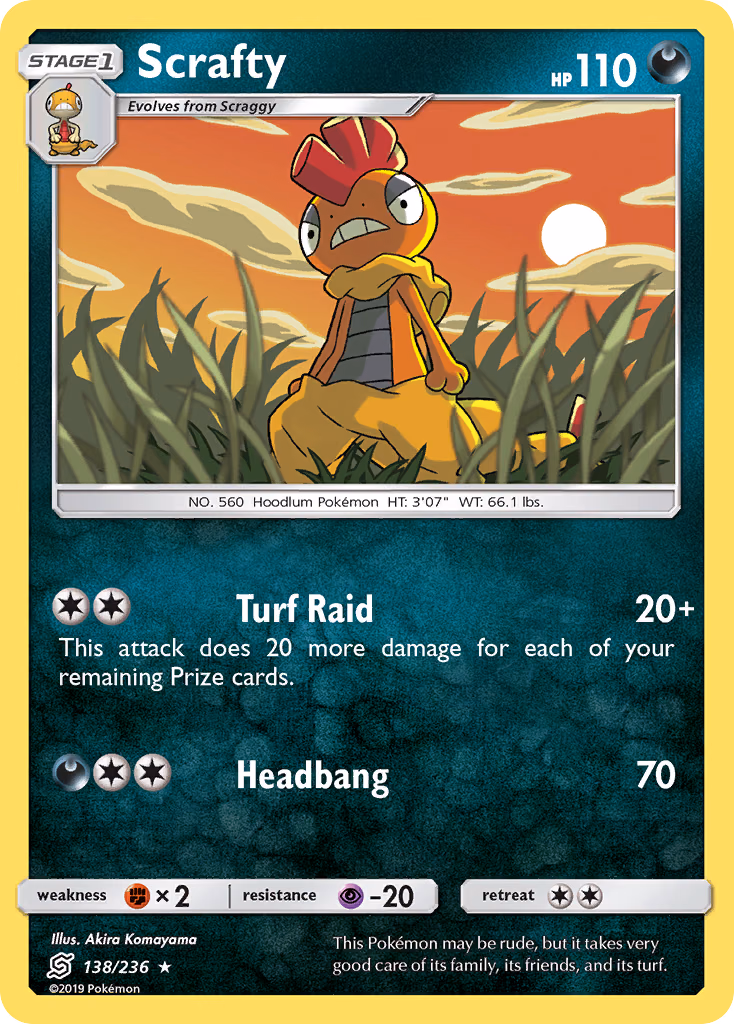 Scrafty Pokemon card (138/236, Unified Minds)