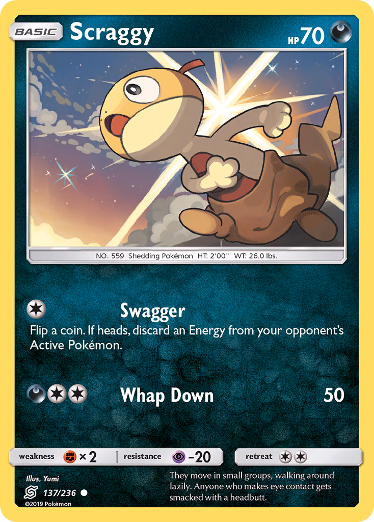 Scraggy Pokemon card (137/236, Unified Minds)