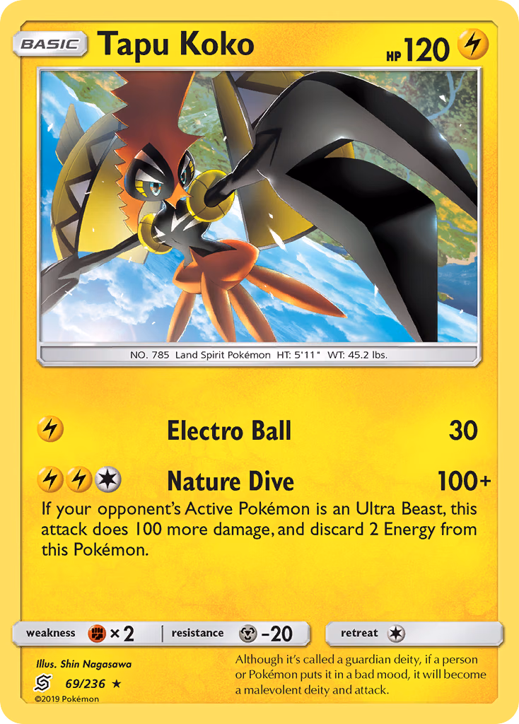 Tapu Koko Pokemon card (69/236, Unified Minds)