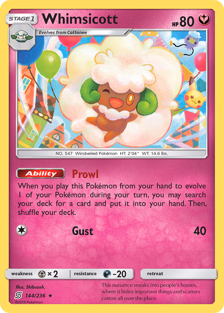 Whimsicott Pokemon card (144/236, Unified Minds)