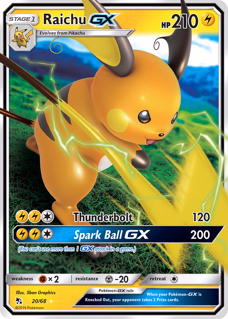 Raichu-GX Pokemon card (20/68, Hidden Fates)