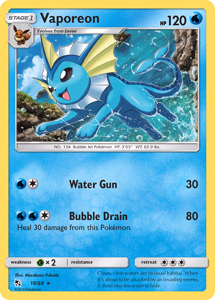 Vaporeon Pokemon card (18/68, Hidden Fates)