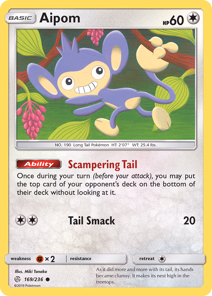 Aipom Pokemon card (169/236, Cosmic Eclipse)