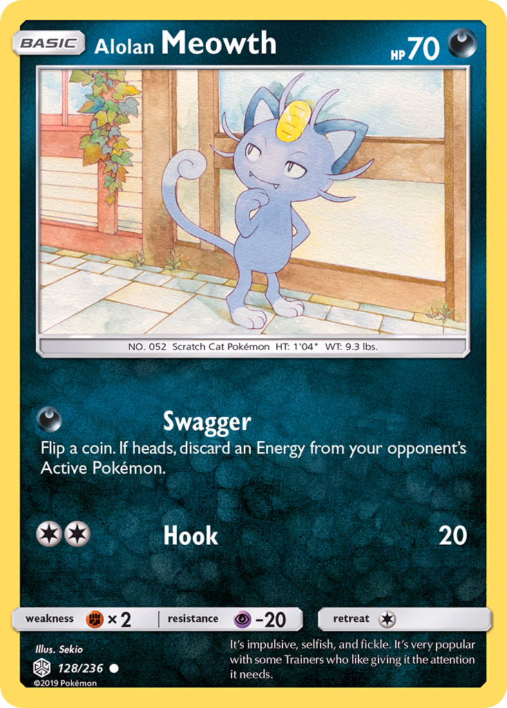 Alolan Meowth Pokemon card (128/236, Cosmic Eclipse)