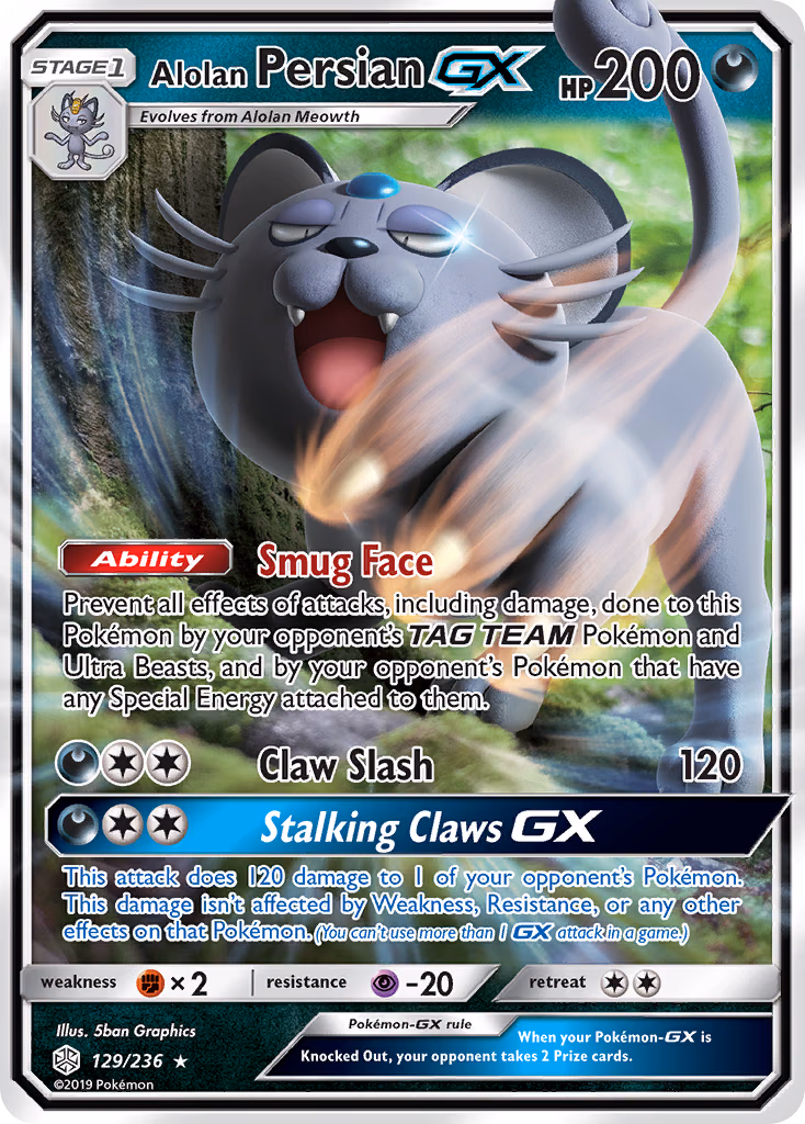 Alolan Persian-GX Pokemon card (129/236, Cosmic Eclipse)