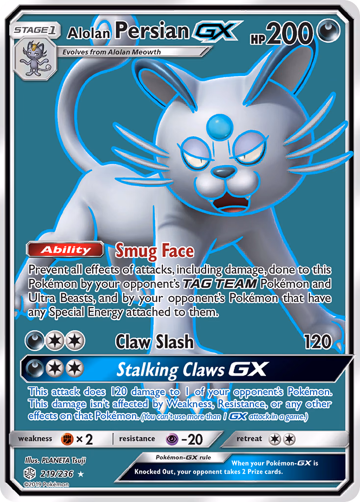 Alolan Persian-GX Pokemon card (219/236, Cosmic Eclipse)