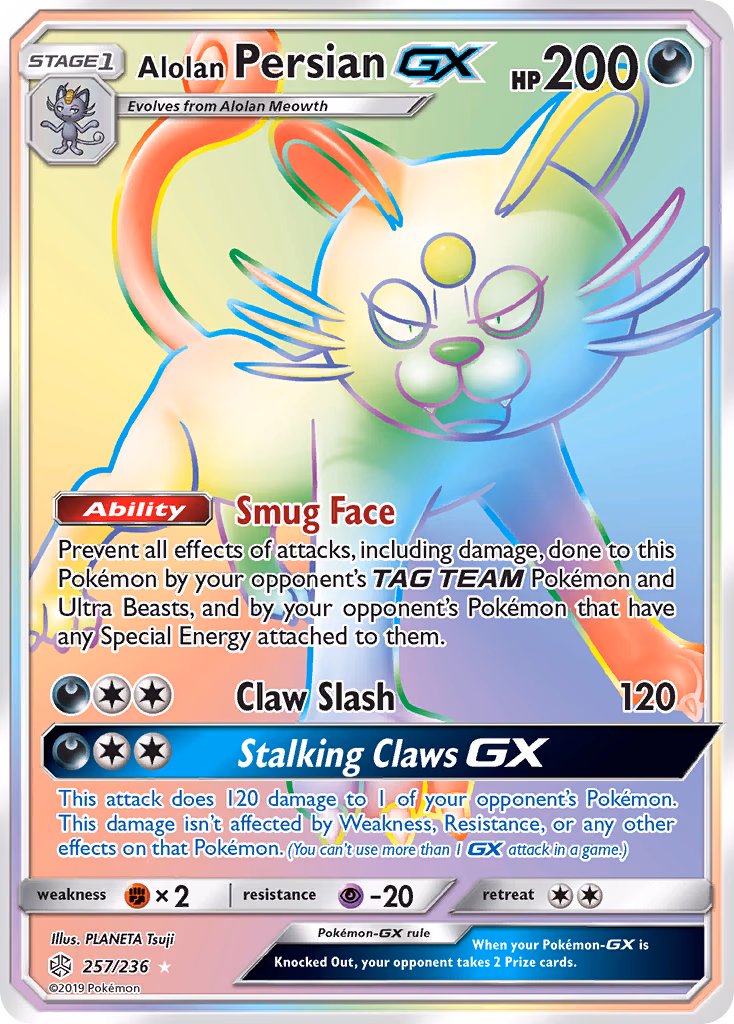 Alolan Persian-GX Pokemon card (257/236, Cosmic Eclipse)