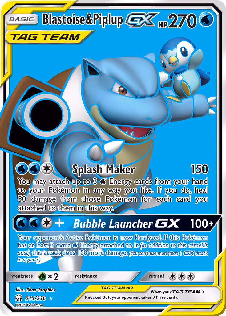 Blastoise & Piplup-GX Pokemon card (214/236, Cosmic Eclipse)