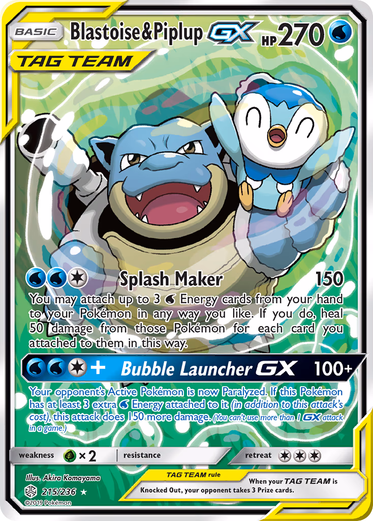 Blastoise & Piplup-GX Pokemon card (215/236, Cosmic Eclipse)