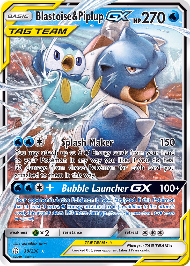 Blastoise & Piplup-GX Pokemon card (38/236, Cosmic Eclipse)