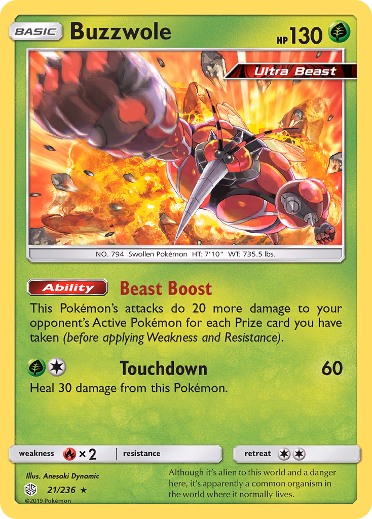 Buzzwole Pokemon card (21/236, Cosmic Eclipse)