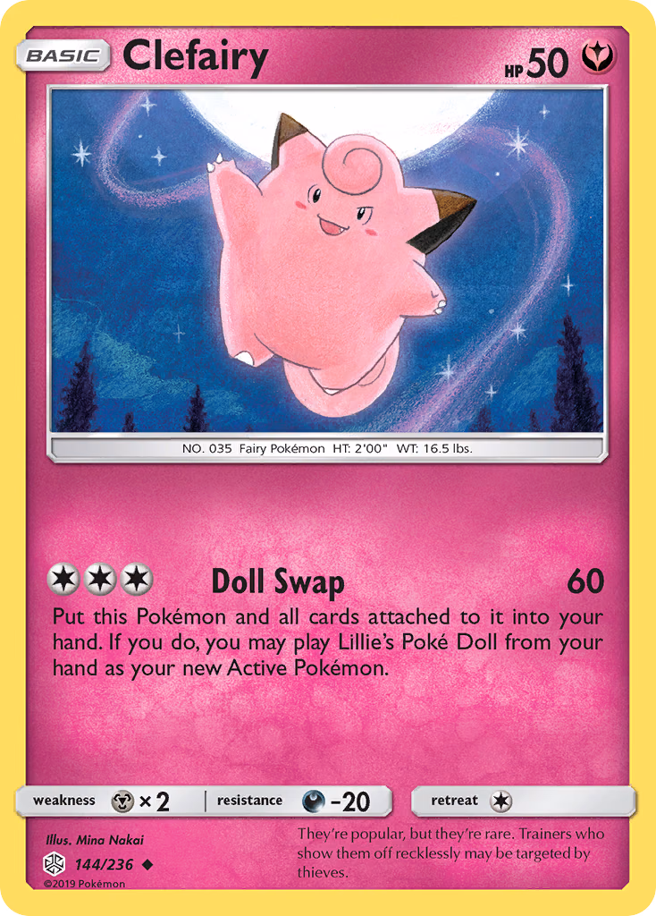Clefairy Pokemon card (144/236, Cosmic Eclipse)