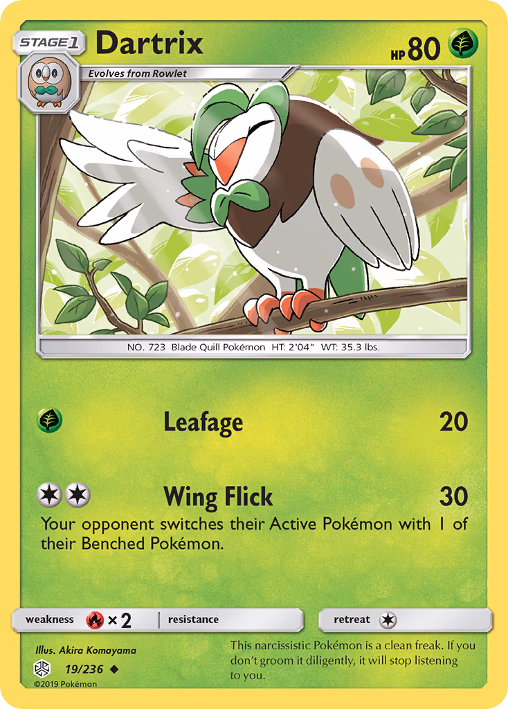 Dartrix Pokemon card (19/236, Cosmic Eclipse)