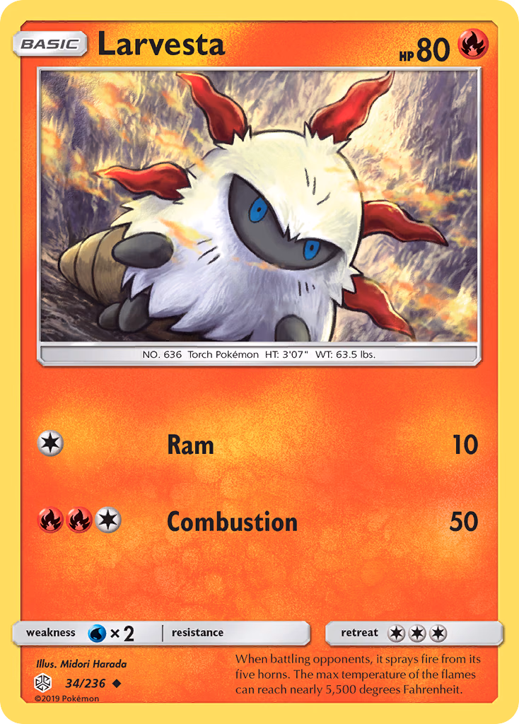 Larvesta Pokemon card (34/236, Cosmic Eclipse)