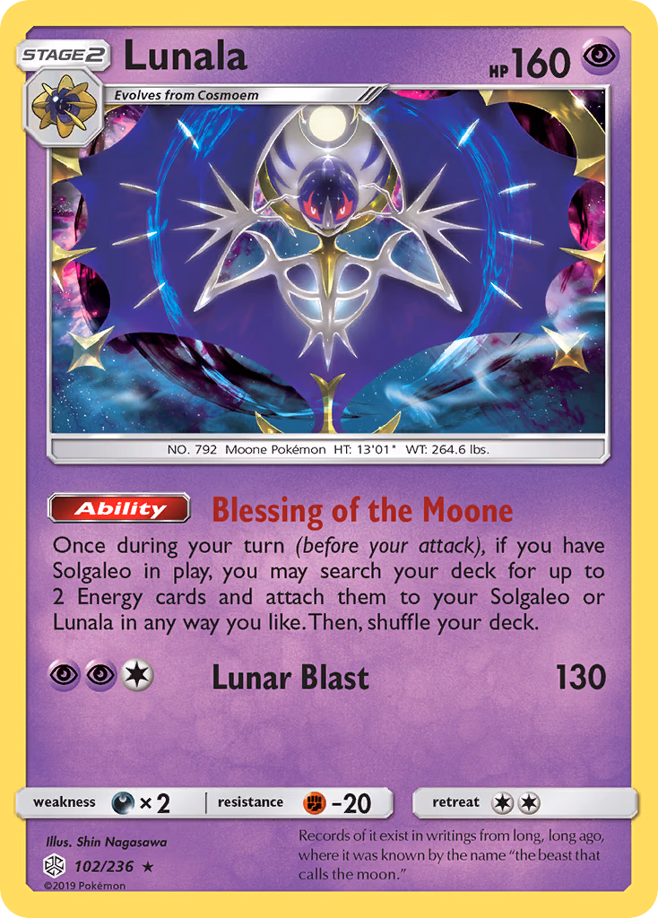 Lunala Pokemon card (102/236, Cosmic Eclipse)