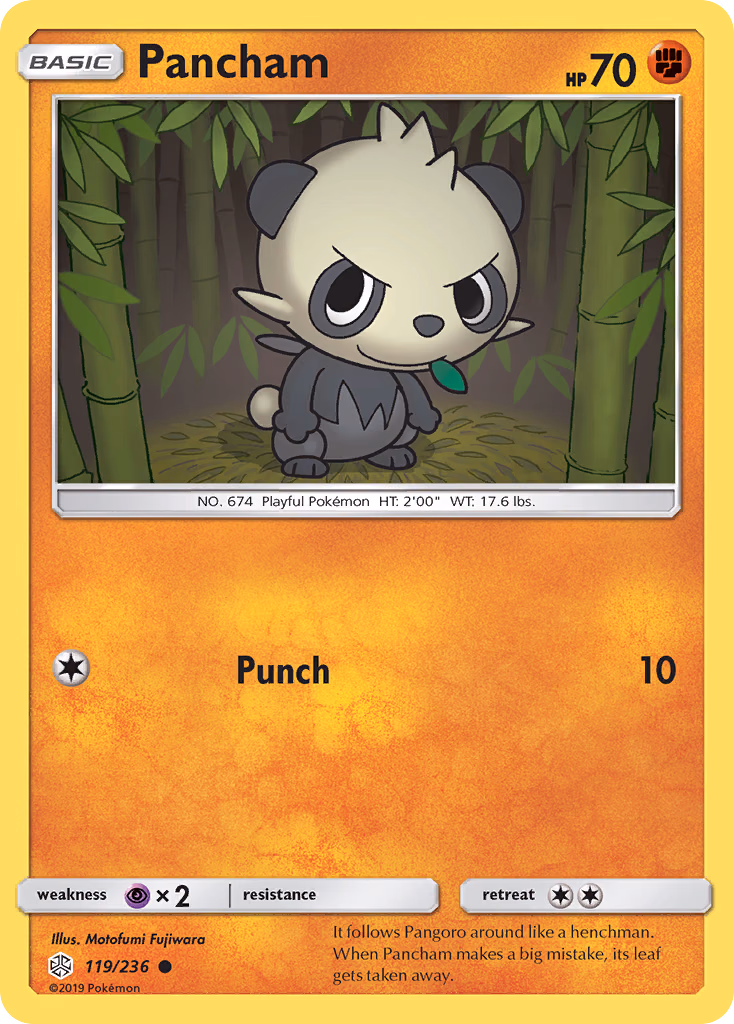 Pancham Pokemon card (119/236, Cosmic Eclipse)
