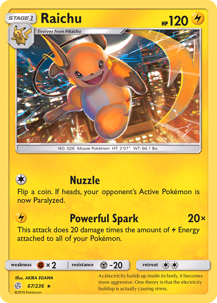 Raichu Pokemon card (67/236, Cosmic Eclipse)