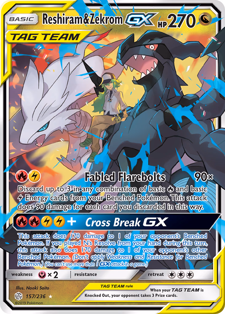 Reshiram & Zekrom-GX Pokemon card (157/236, Cosmic Eclipse)