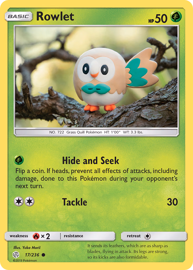 Rowlet Pokemon card (17/236, Cosmic Eclipse)