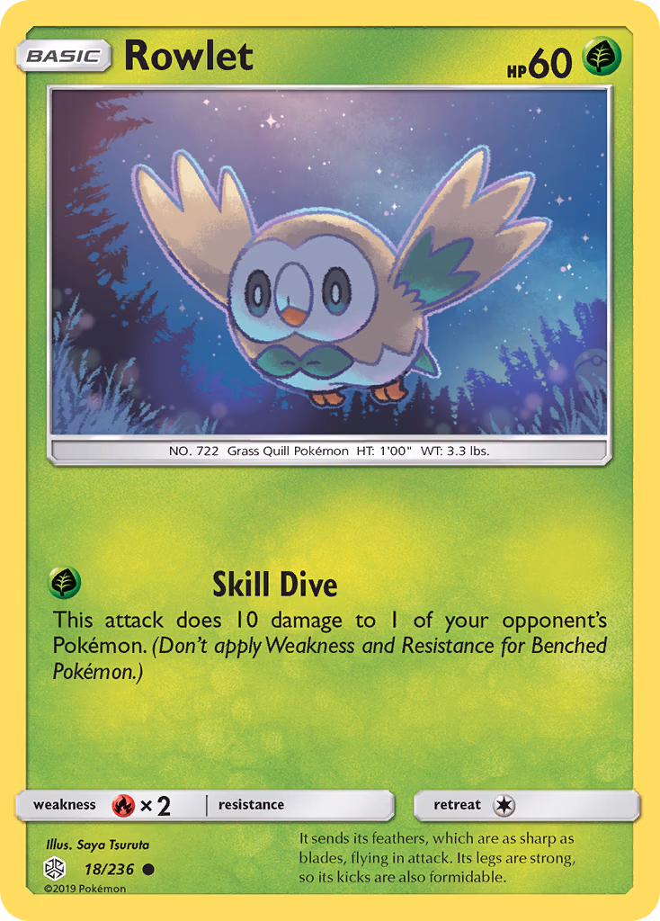 Rowlet Pokemon card (18/236, Cosmic Eclipse)