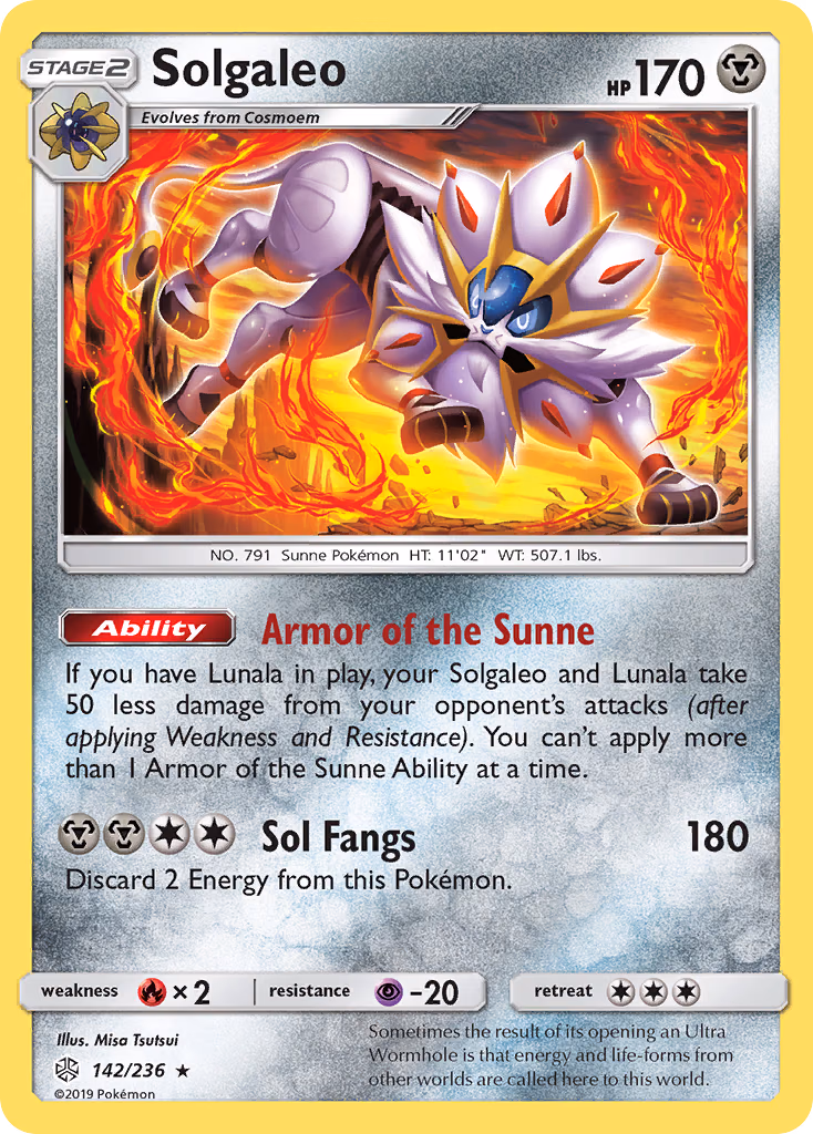 Solgaleo Pokemon card (142/236, Cosmic Eclipse)