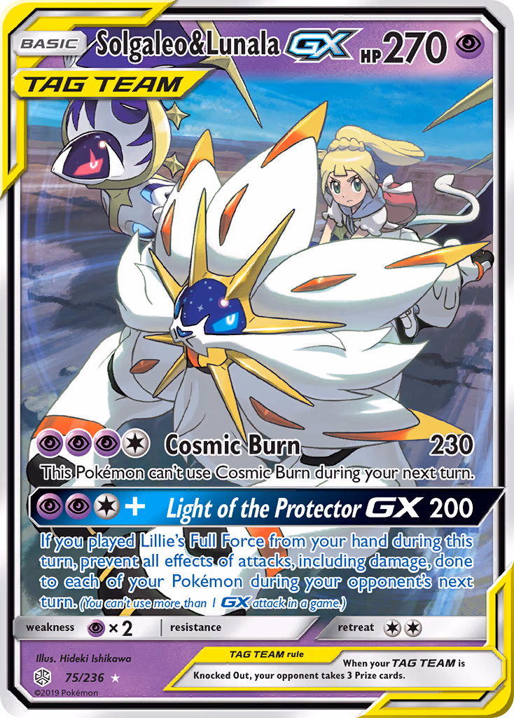Solgaleo & Lunala-GX Pokemon card (75/236, Cosmic Eclipse)