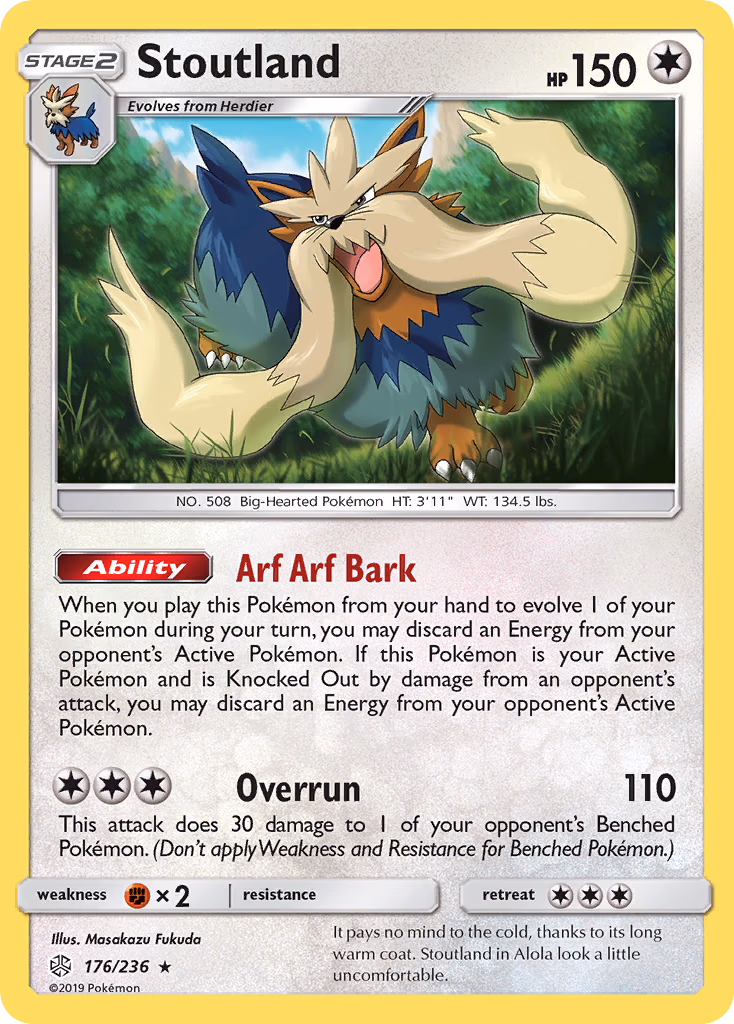 Stoutland Pokemon card (176/236, Cosmic Eclipse)
