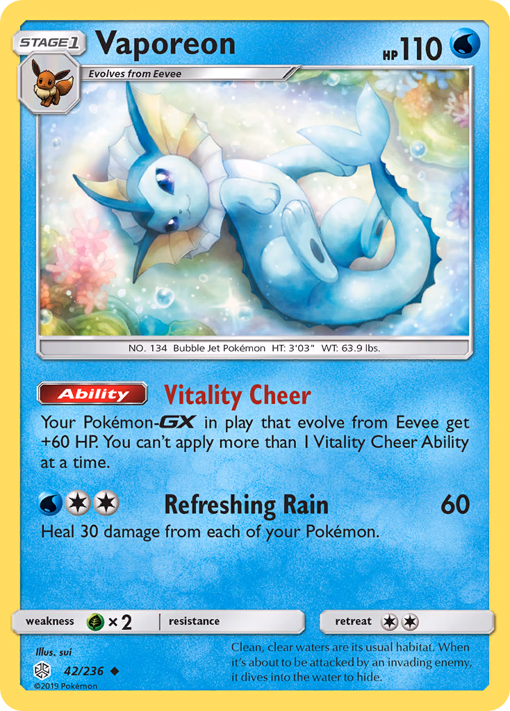 Vaporeon Pokemon card (42/236, Cosmic Eclipse)
