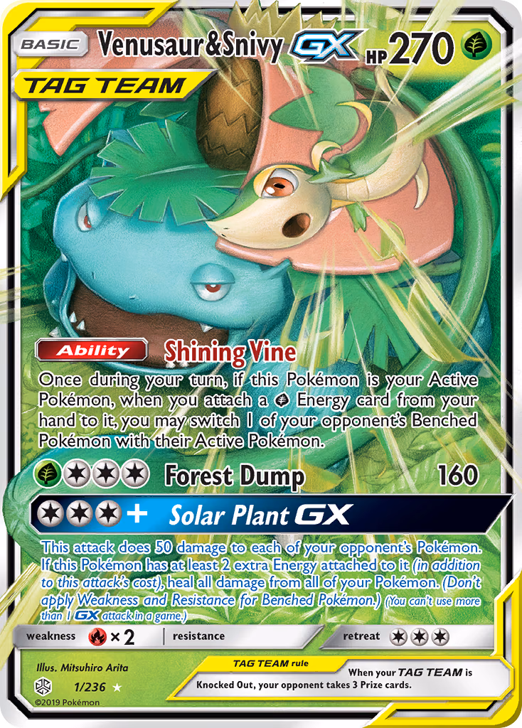 Venusaur & Snivy-GX Pokemon card (1/236, Cosmic Eclipse)