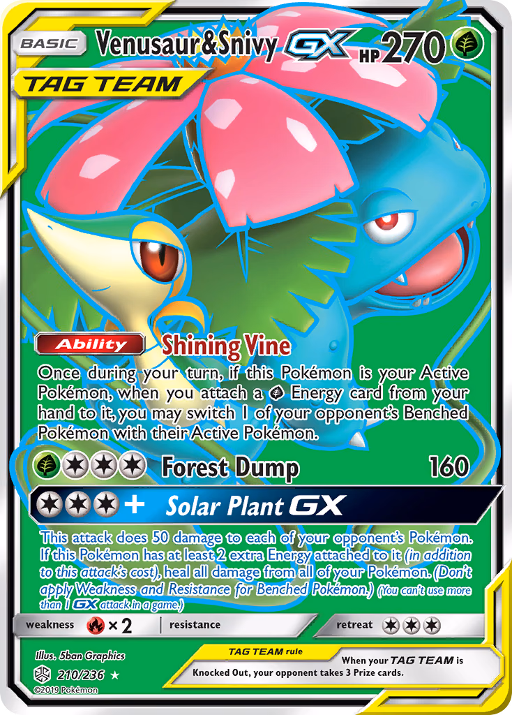 Venusaur & Snivy-GX Pokemon card (210/236, Cosmic Eclipse)