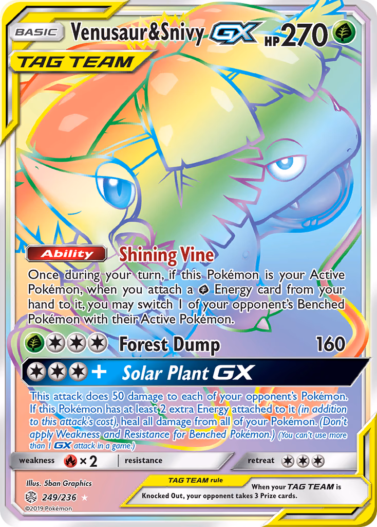 Venusaur & Snivy-GX Pokemon card (249/236, Cosmic Eclipse)