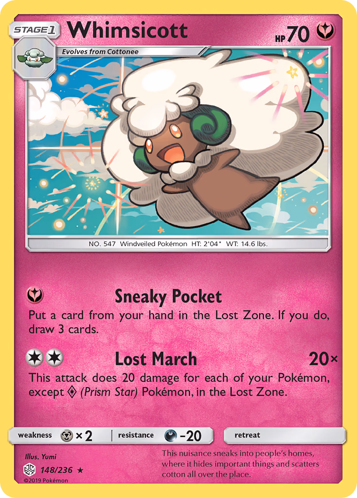 Whimsicott Pokemon card (148/236, Cosmic Eclipse)
