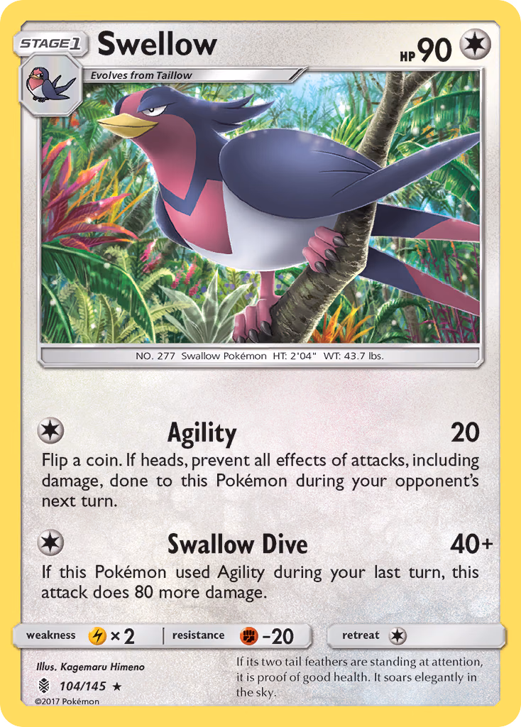 Swellow Pokemon card (104/145, Guardians Rising)